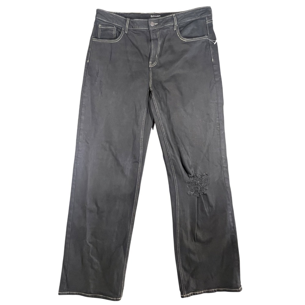 Old Navy Women's Size 16 Tall Black Distressed Straight Leg Jeans Stretch Denim